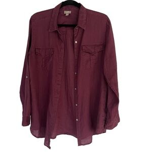 J Jill Wine 100% Ramie Button Down Roll Tab Sleeve Lightweight Seam Pockets sM